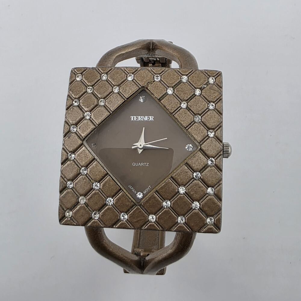 Vintage Terner Quartz Cuff Watch Bronze Rhinestone Statement Bracelet Working